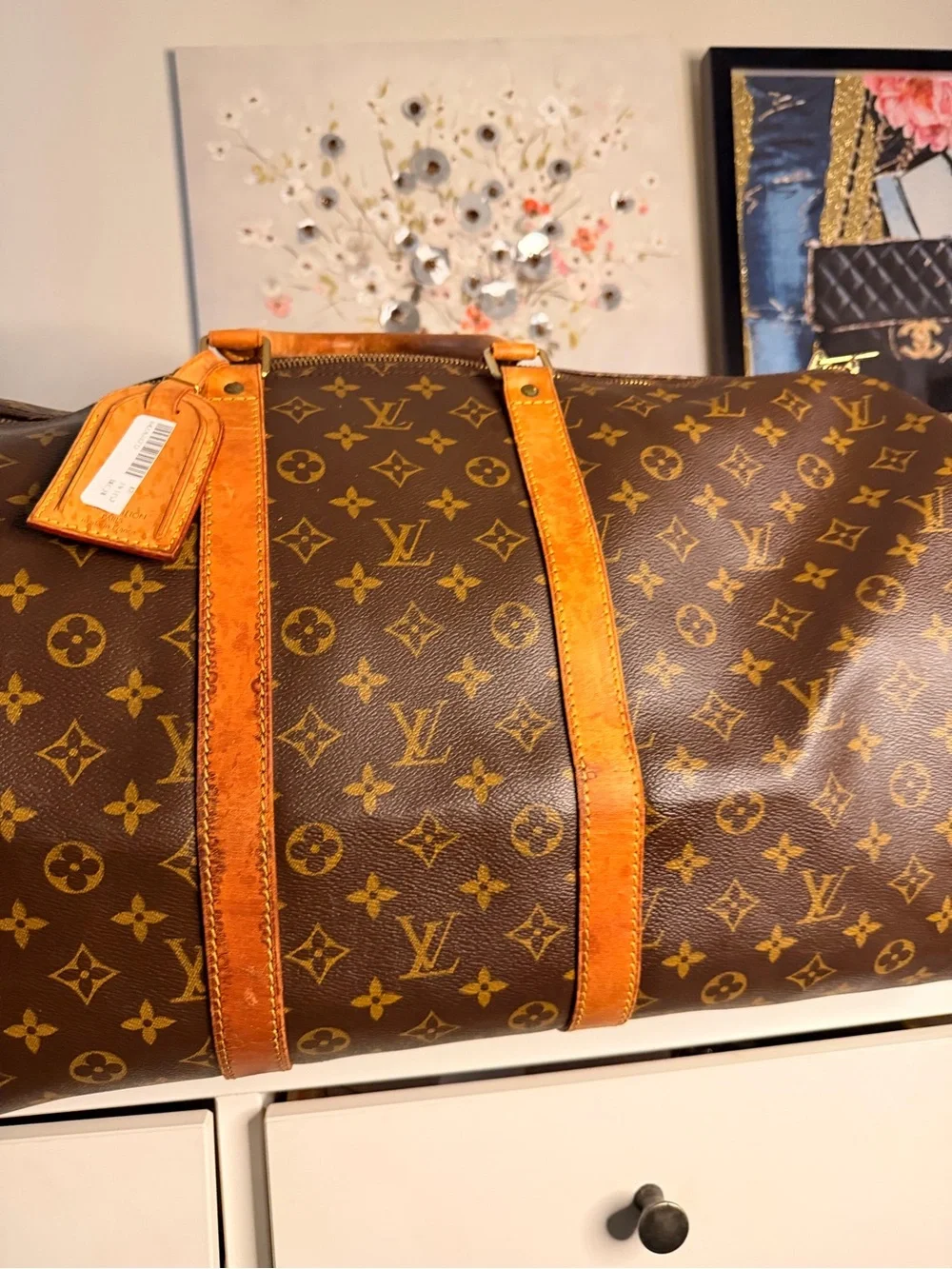 Louis Vuitton Brown Monogram Travel Duffle with Tan Leather Trim